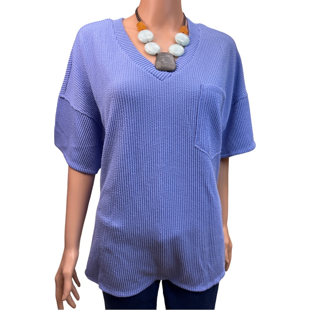 ANDREE BY UNIT Blue V-Neck Waffle Knit Top